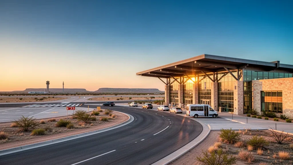 Terminal moderno e corsia di sosta curva all'aeroporto San Angelo Regional Mathis Field nella luce dorata del West Texas