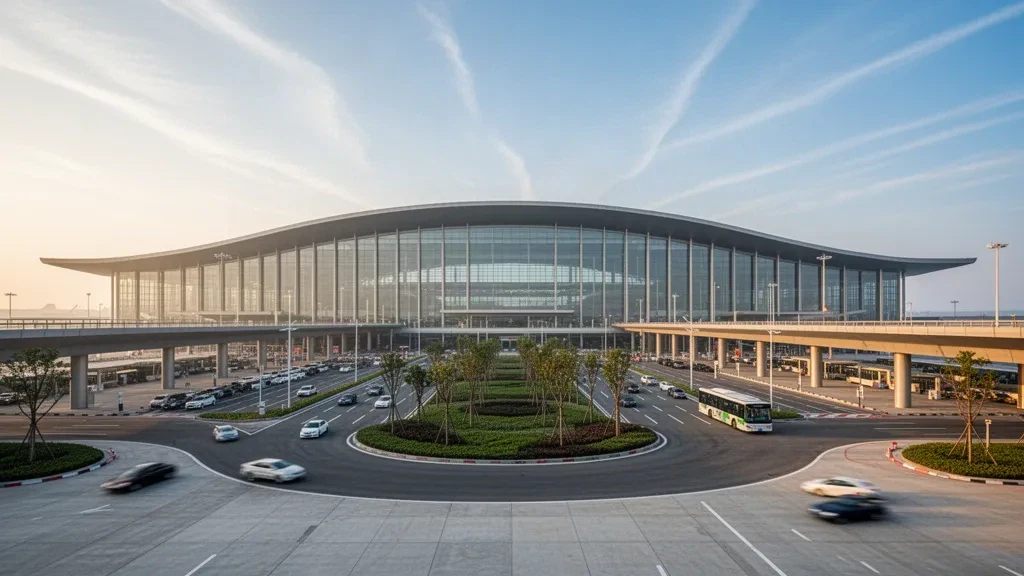 Außenansicht eines modernen Glasterminals mit Vorfahrtsbereichen am internationalen Flughafen Shijiazhuang Zhengding im warmen Licht des späten Nachmittags