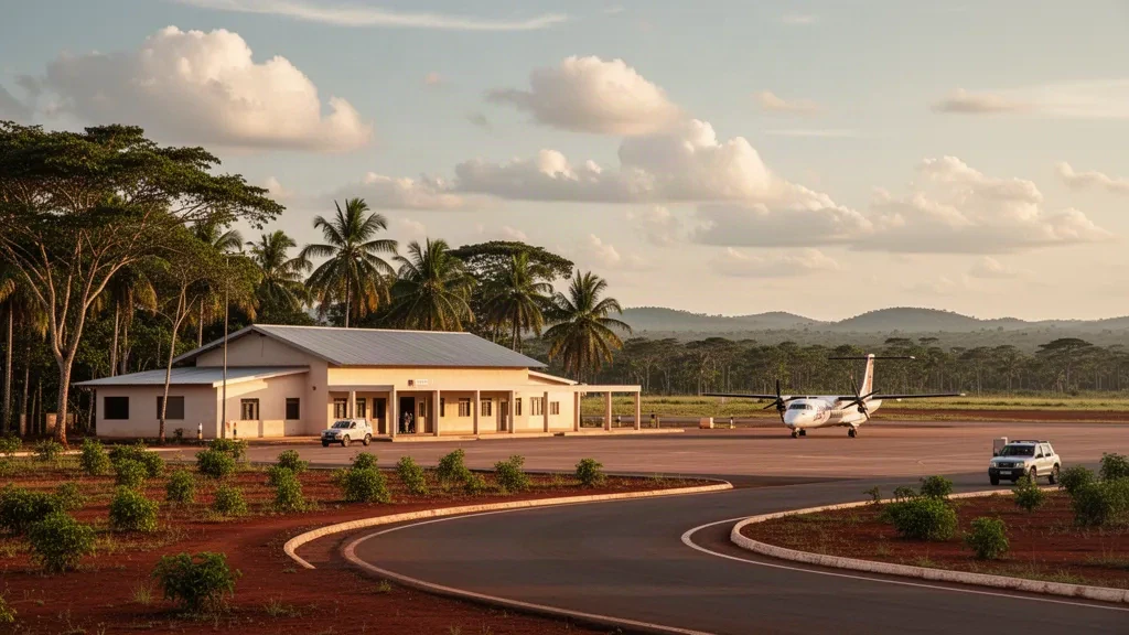Small regional airport terminal and apron at San Javier in Bolivia's Chiquitania lowlands, framed by tropical trees in warm afternoon light.
