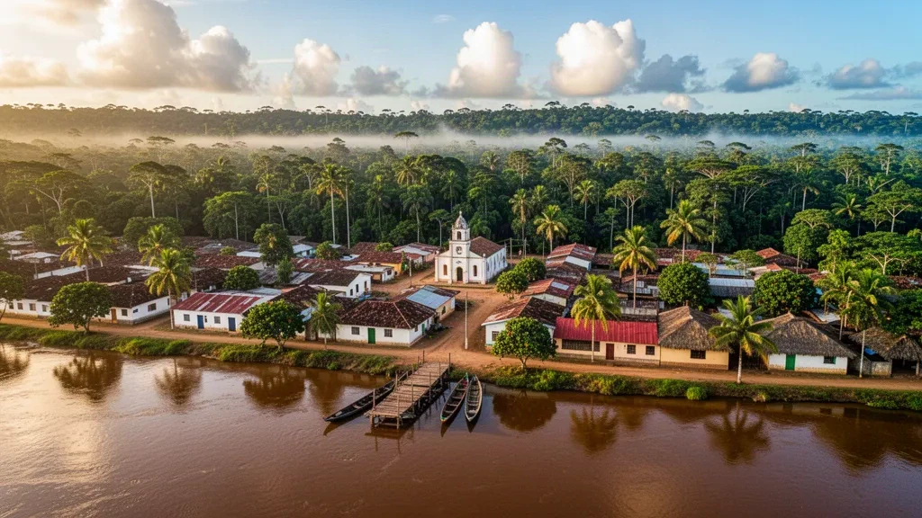 Vista elevada de Mitú, capital de Vaupés en la Amazonía colombiana, con casas ribereñas, canoas de madera y selva a lo largo del río Vaupés