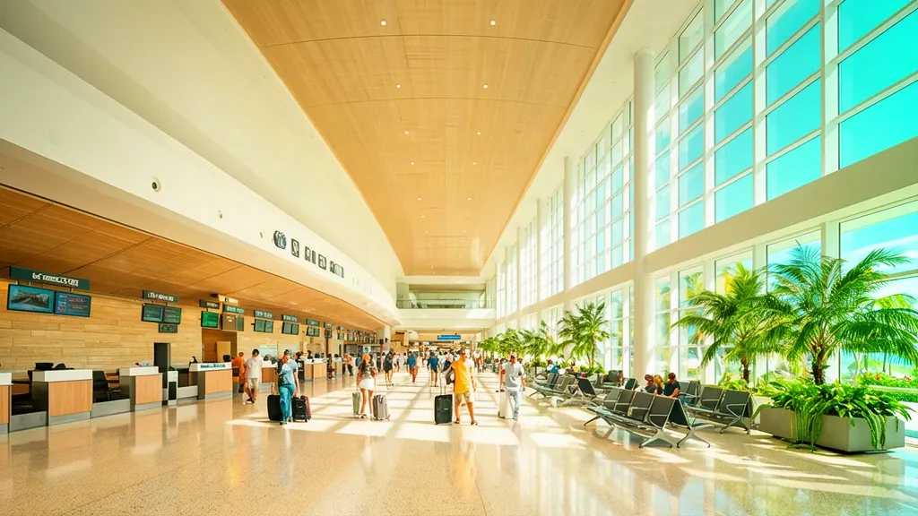 Interior view of Luis Muñoz Marín International Airport terminal in San Juan, Puerto Rico, with travelers and a bright departure hall.