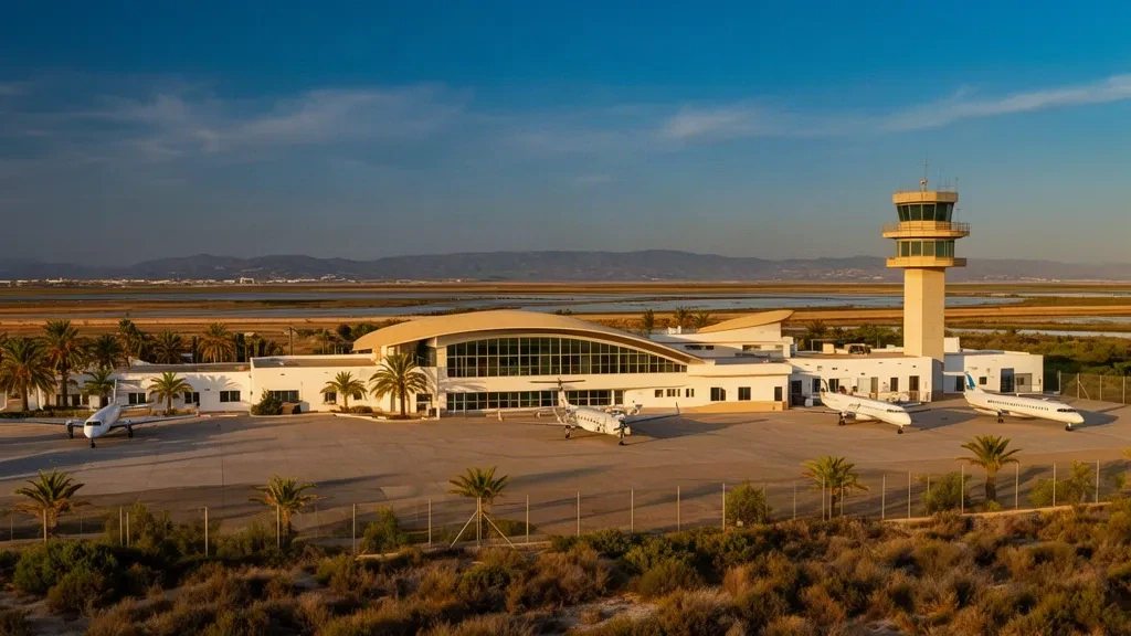 Niedriges weiß getünchtes Terminal und Kontrollturm am Flughafen San Javier nahe Murcia, mit geparkten Flugzeugen auf dem Vorfeld in warmem mediterranem Licht
