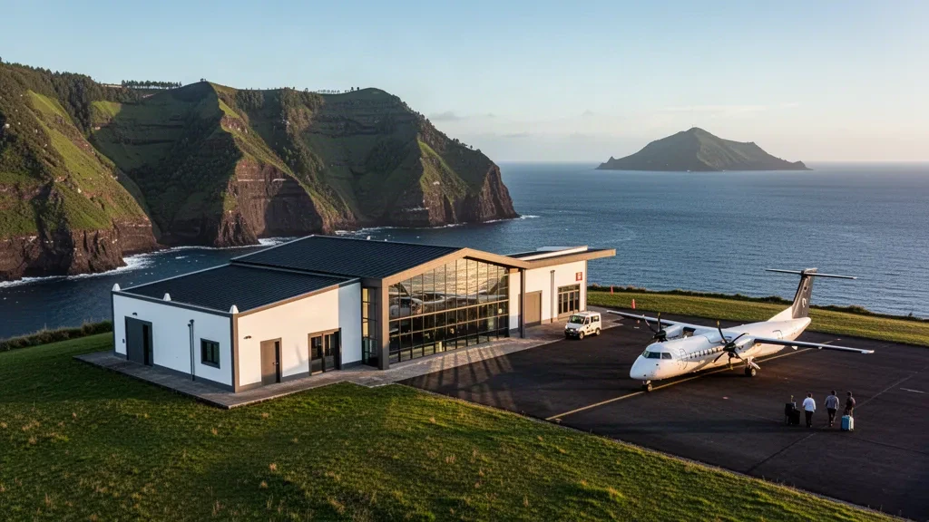 Terminal moderna del aeropuerto de São Jorge en las Azores con laderas volcánicas verdes y vistas al océano Atlántico cerca de Velas