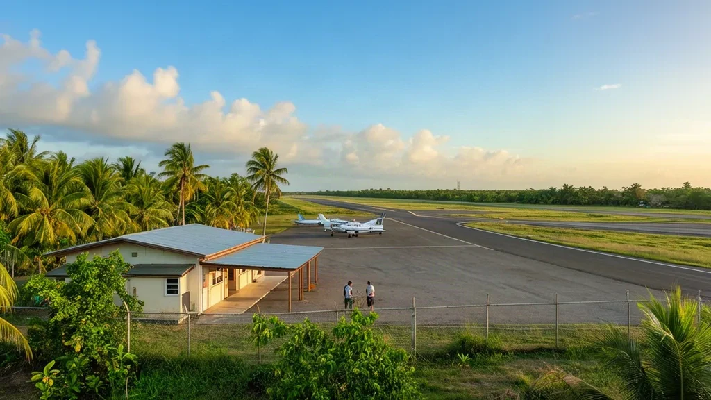 Pequeño edificio terminal y pista de aterrizaje en el Aeropuerto de Sarteneja, en Belice, rodeados de vegetación tropical bajo un cielo azul despejado.