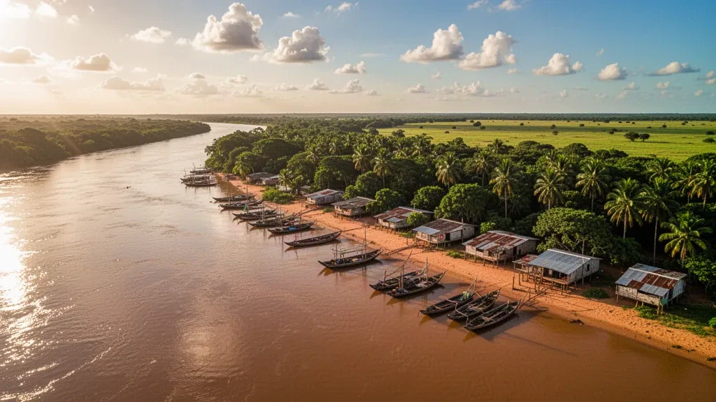 Golden-hour view of the Orinoco River waterfront and wooden boats in Puerto Carreño, Vichada, Colombia