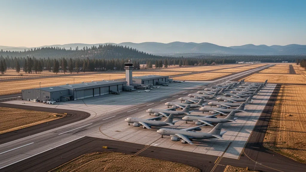 Veduta della Fairchild Air Force Base vicino a Spokane nell'ora d'oro, con la pista, gli hangar e gli aerei cisterna per il rifornimento in sosta