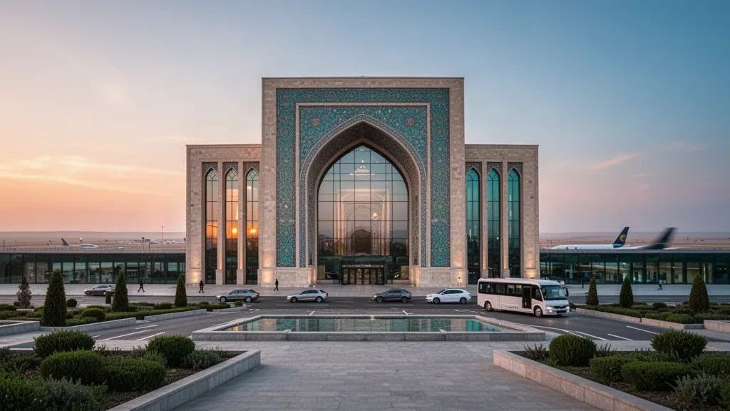 Modern arched terminal facade of Samarkand International Airport at golden hour with turquoise tilework and a landscaped forecourt