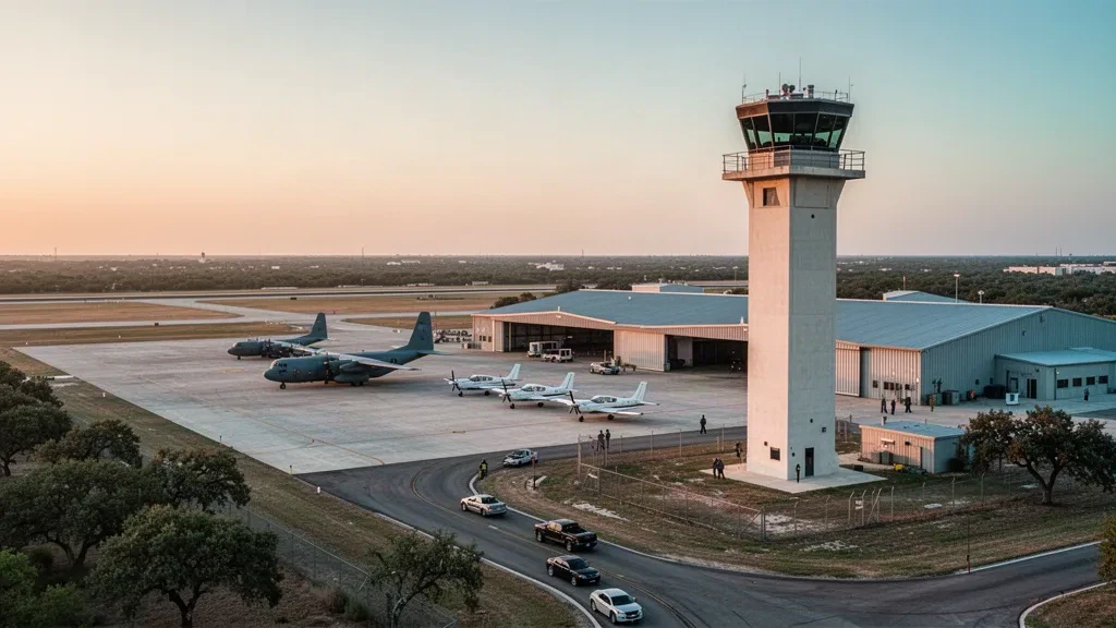 Air traffic control tower and hangars at the Lackland Air Force Base airfield in San Antonio at golden hour