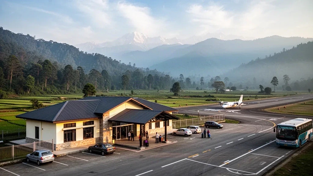 Flaches Terminal und Vorfeld am Flughafen Surkhet in Nepal, umrahmt von grünen Hügeln des Karnali-Tals zur goldenen Stunde