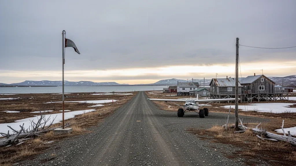 Gravel runway, bush plane and tundra village at Shaktoolik Airport in remote western Alaska under soft Arctic light