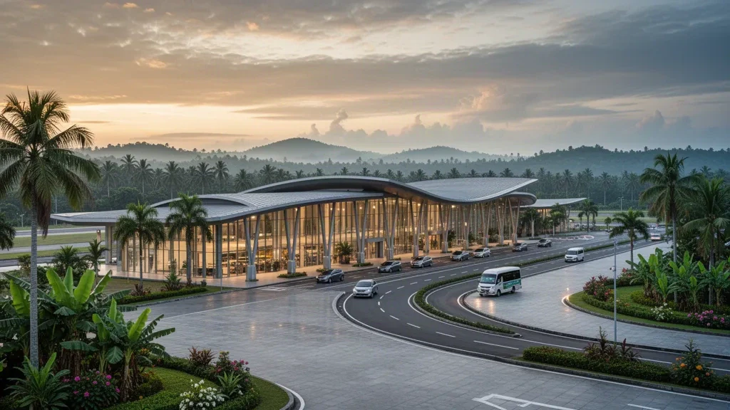 Moderno terminal aeroportuale in vetro con palme e corsia di sosta in una Singkawang tropicale, Kalimantan Occidentale, all'ora del tramonto