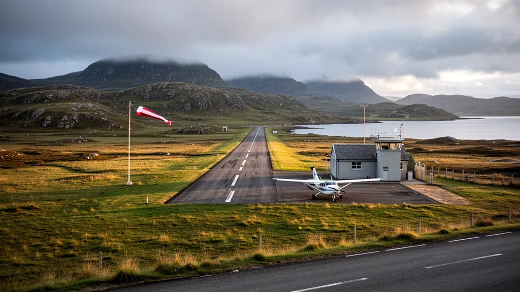 Small Highland airstrip runway at Broadford on the Isle of Skye with a light aircraft, green machair and misty hills