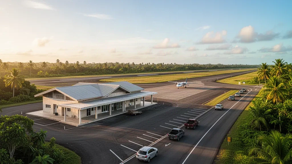 Vista amplia del aeropuerto de Skeldon en Guyana que muestra un aeródromo tropical, una pequeña terminal, la pista y la vegetación verde de los alrededores bajo una suave luz dorada.