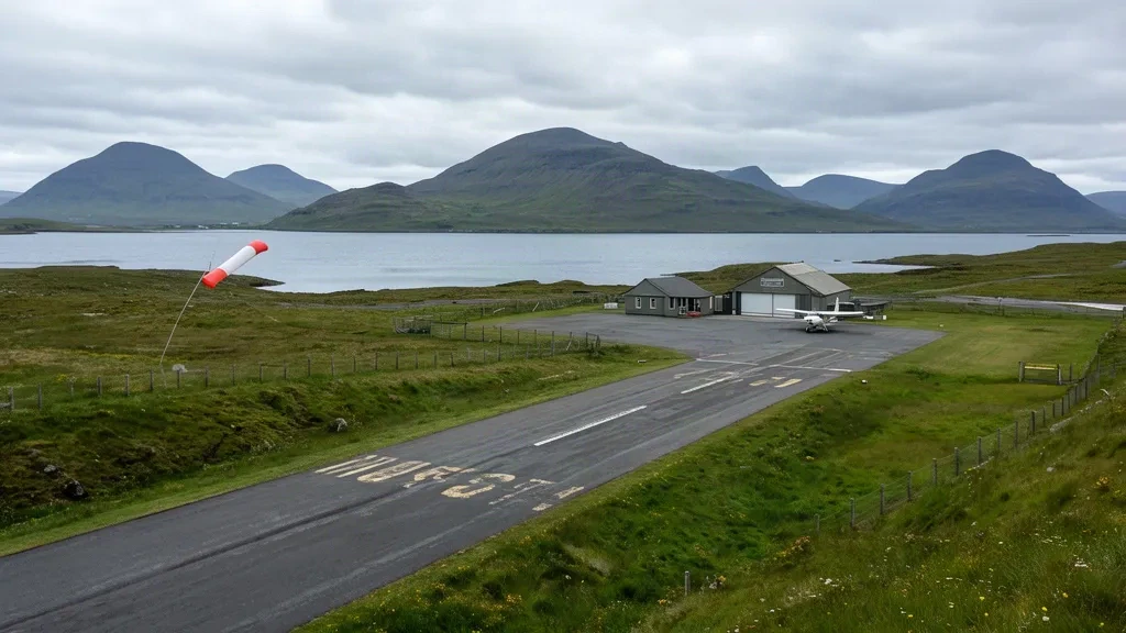Piste unique et petit bâtiment terminal à Broadford Airstrip sur l'île de Skye, avec des collines verdoyantes et des eaux côtières sous une douce lumière couverte.