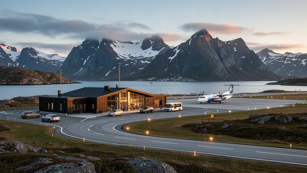Stokmarknes Airport Skagen terminal, apron and runway framed by Vesterålen mountains and Norwegian coastal waters