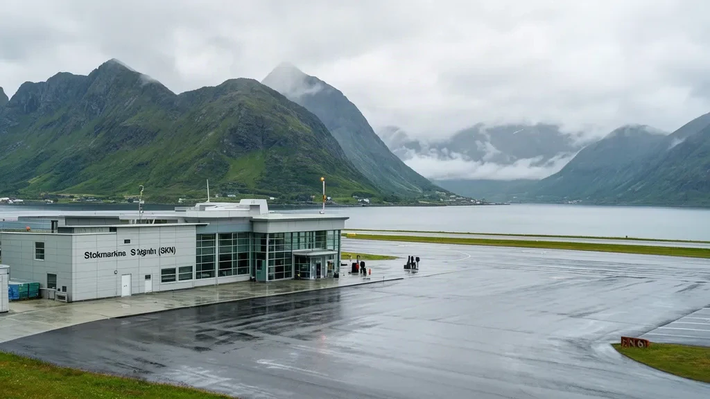 Bâtiment terminal de l'aéroport de Stokmarknes, Skagen dans le Vesterålen, en Norvège, avec montagnes verdoyantes et fjord en arrière-plan