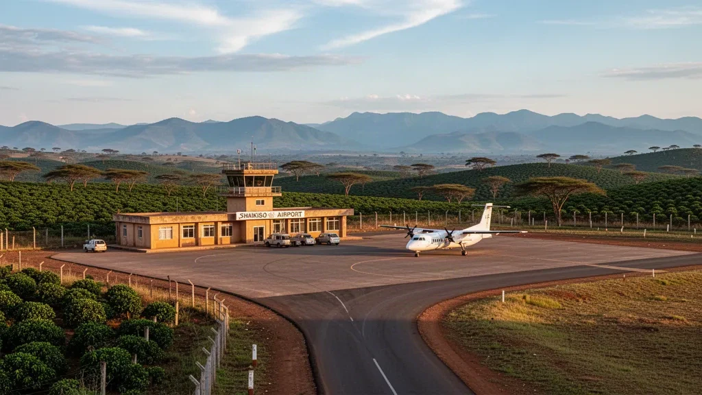 Small regional terminal and apron at Shakiso Airport in the Ethiopian highlands, with green hills and acacia trees beyond under golden light.