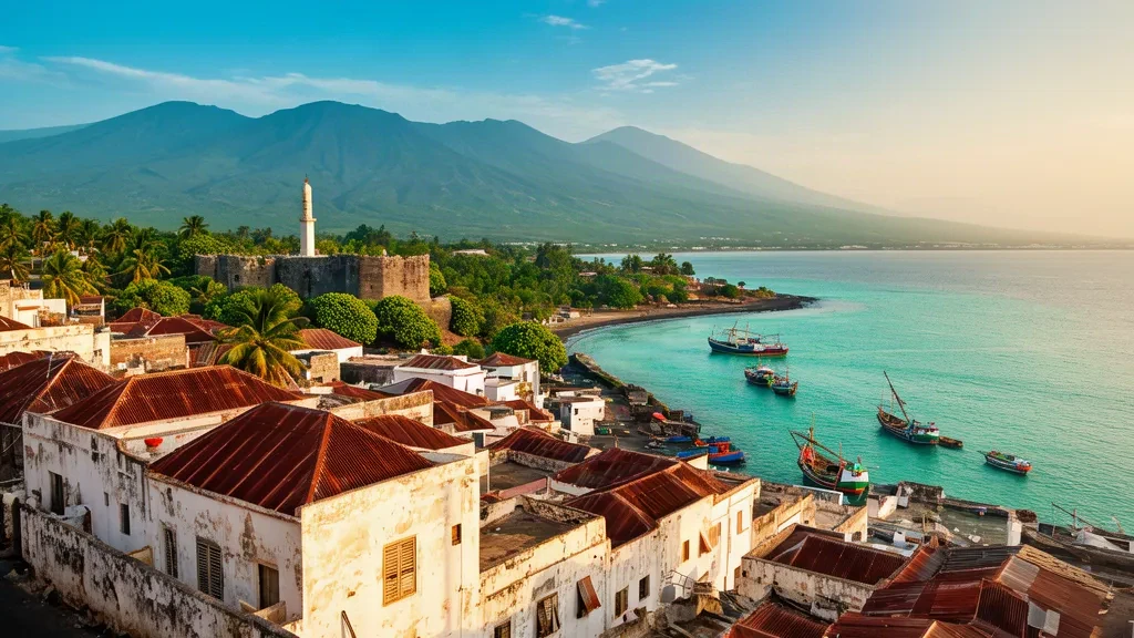 Der Hafen von Mutsamudu auf der Insel Anjouan in den Komoren mit weiß getünchten Medina-Dächern, Dhaus in türkisfarbenem Wasser und Vulkanbergen zur goldenen Stunde.