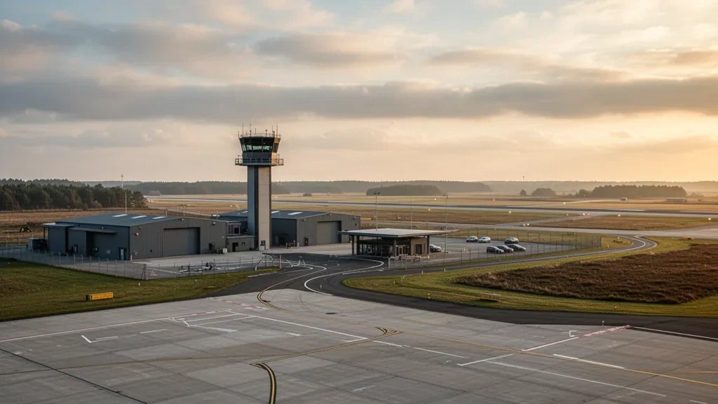 Base aérienne de Skrydstrup près de Vojens, au Danemark, montrant sa tour de contrôle, ses hangars, son aire de stationnement et sa piste sous une douce lumière dorée