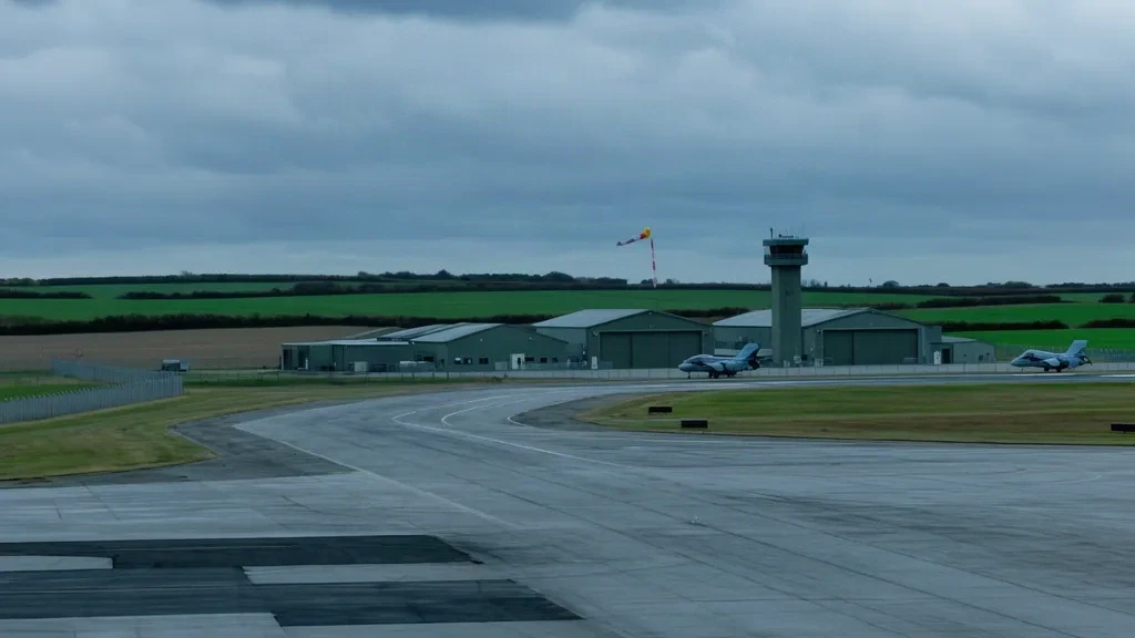 Base aérienne de Skrydstrup au Danemark avec aire de stationnement en béton, hangars, tour de contrôle et avions de chasse stationnés sous un ciel couvert du Jutland