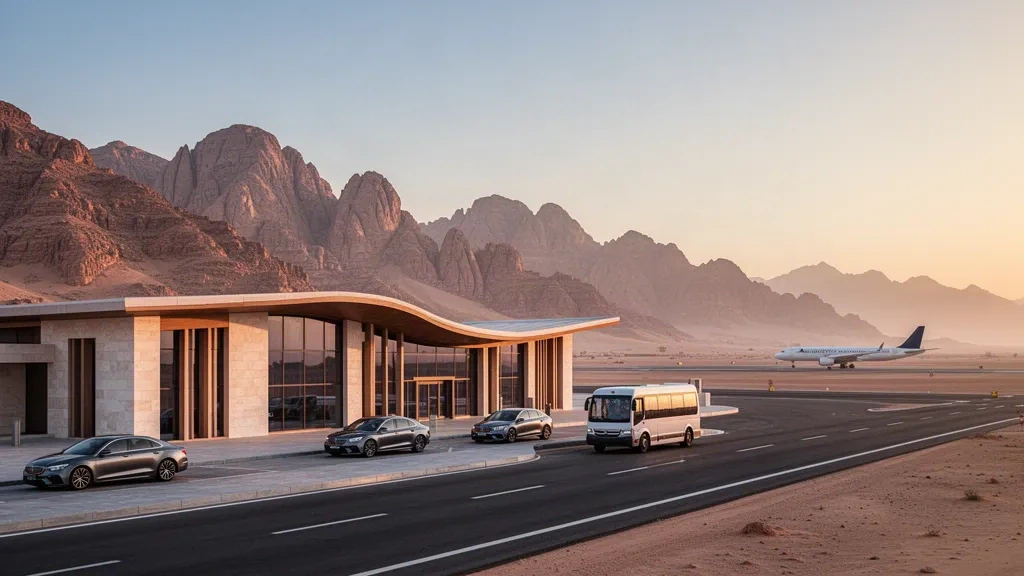 Modern terminal of Saint Catherine International Airport in Sinai with desert mountains and a paved drop-off lane at golden hour