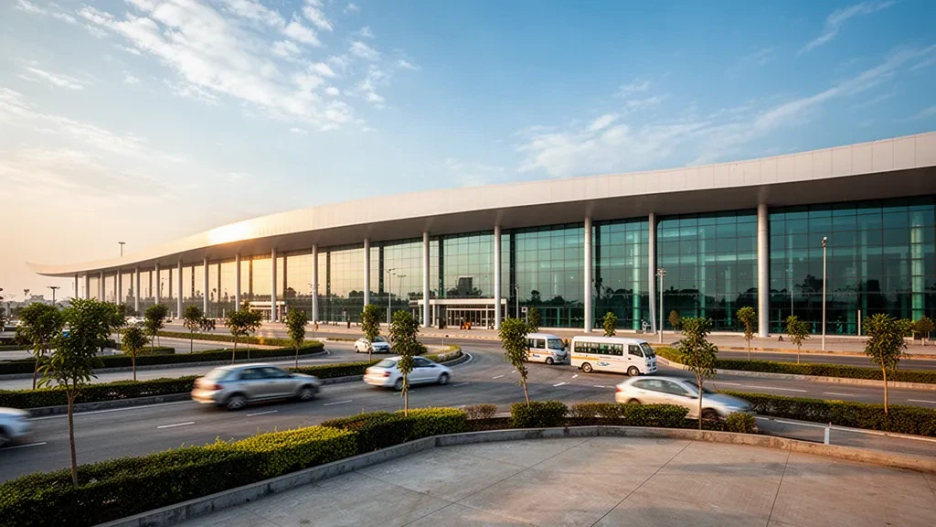 Moderne Glasfassade des Terminals am Sialkot International Airport in Pakistan zur goldenen Stunde mit Bringspuren und Zufahrtsstraßen