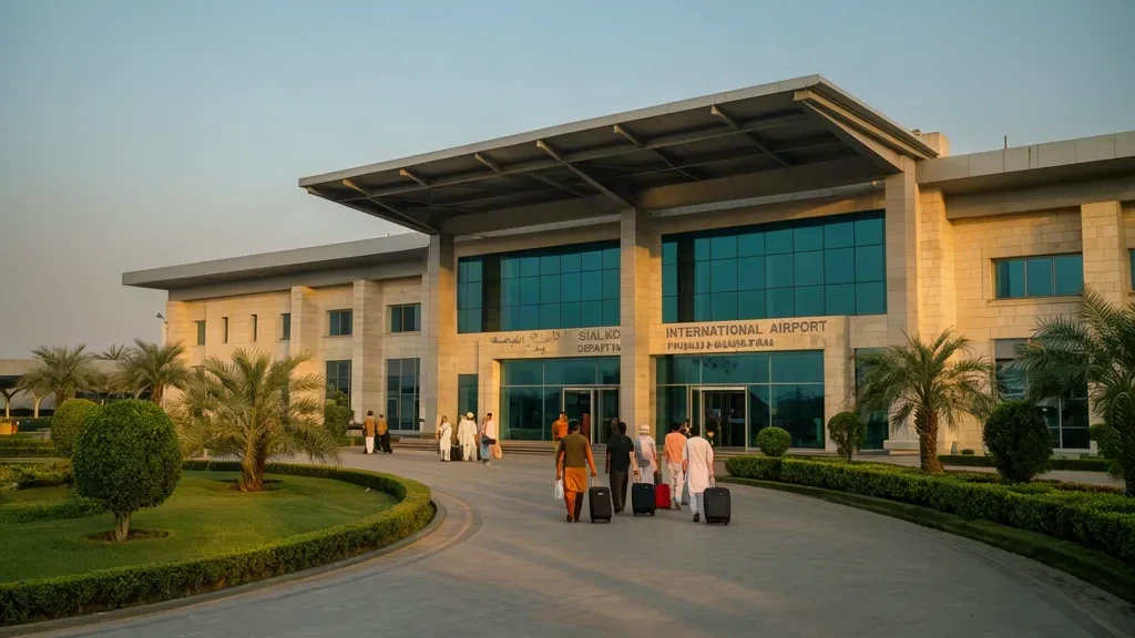 Extérieur moderne du terminal de l'aéroport international de Sialkot au Pendjab, au Pakistan, avec parvis paysager et voyageurs.