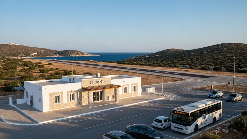 Skiros Havalimanı'nda uzun bir pist, kurak tepeler ve sıcak Akdeniz ışığı altında Ege Denizi manzaralı küçük bir Yunan adası havalimanı terminali.