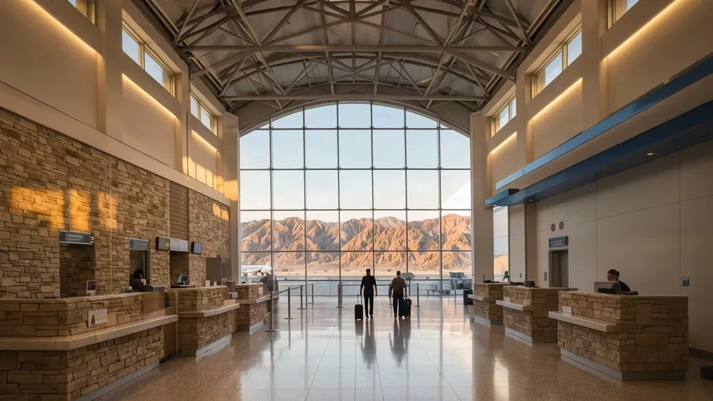Saint Catherine Uluslararası Havalimanı SKV içinde granit zeminler, çelik makaslar ve cam duvarların ötesinde Sina dağları ile güneşle aydınlanan check-in salonu