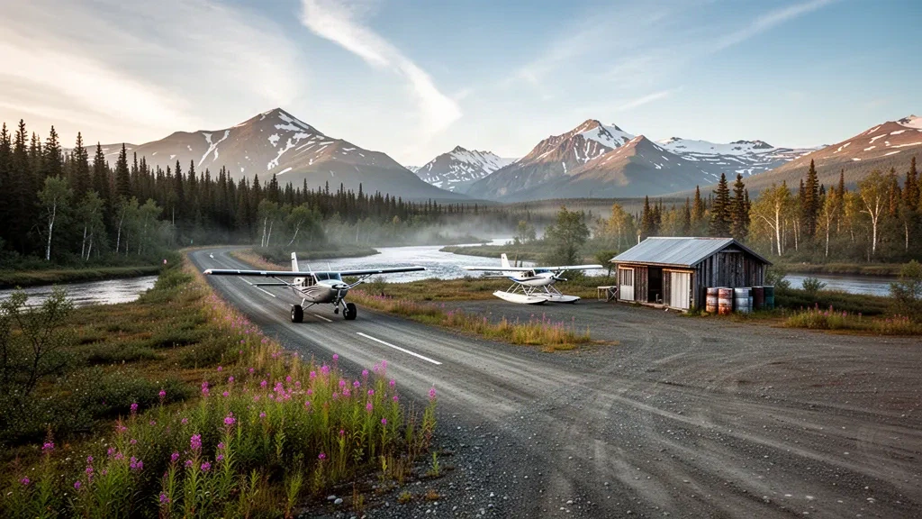 Gravel runway and bush planes at Skwentna Airport in remote Alaska wilderness under soft northern morning light