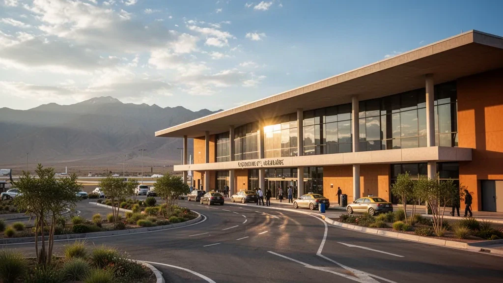 Modern glass terminal exterior at Salta airport in Argentina, framed by Andean foothills at golden hour