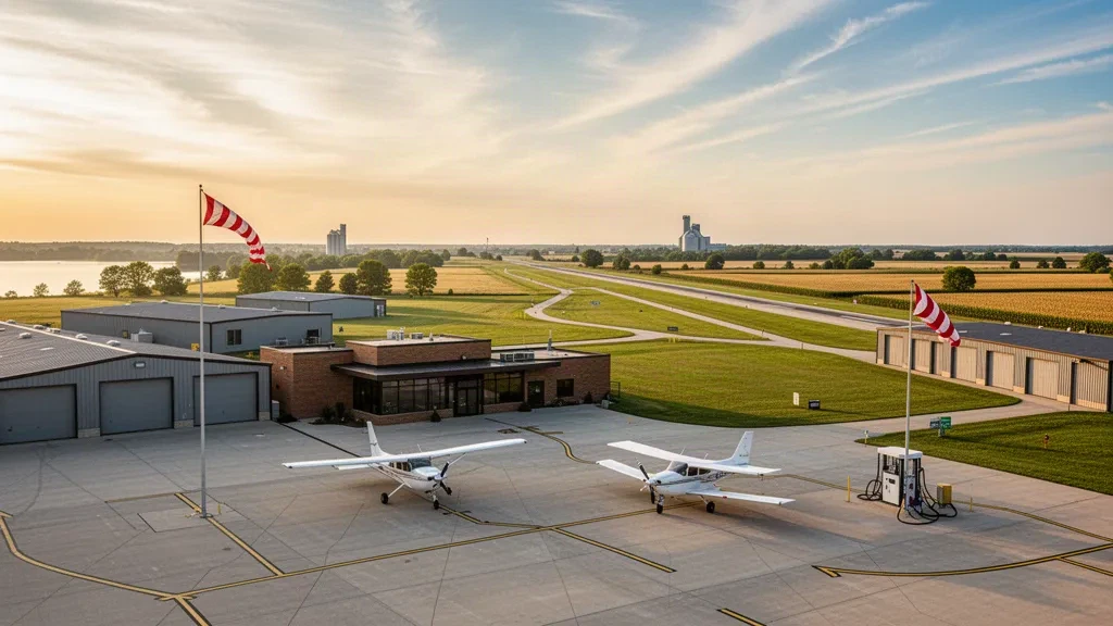 Avioneta y hangares metálicos en la plataforma del Aeropuerto Municipal de Storm Lake, Iowa, durante la hora dorada