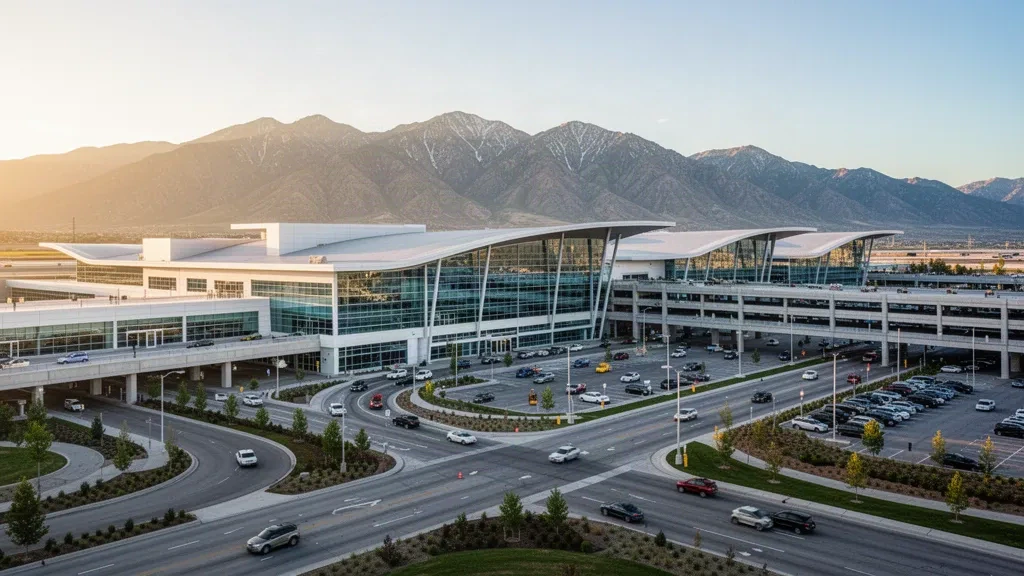 Modern Salt Lake City International Airport terminal with glass facade, drop-off lanes and Wasatch Mountains at golden hour.
