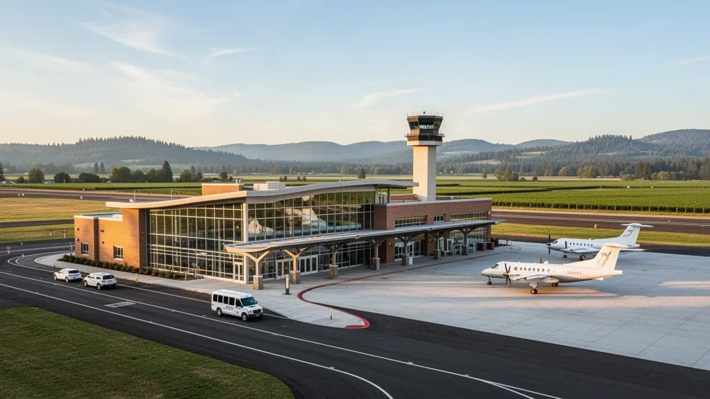 Glass terminal facade and curbside drop-off lane at Salem-Willamette Valley Airport McNary Field, Oregon, in golden-hour light