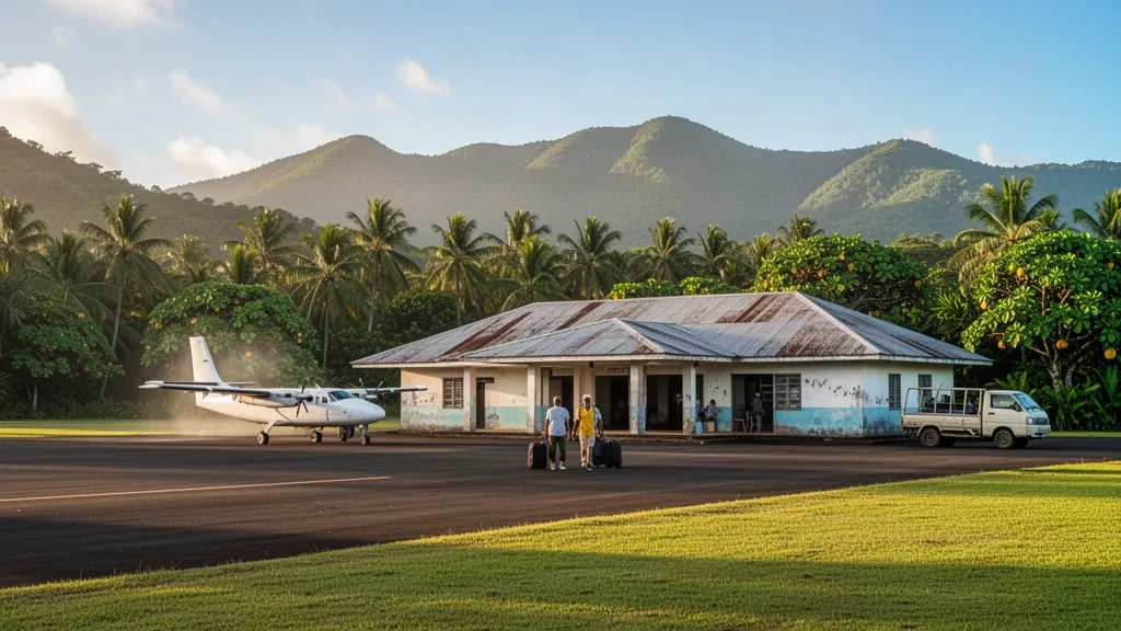 Small tropical island airport on Vanua Lava, Vanuatu, with a grassy airstrip, palm trees, a light aircraft and volcanic hills in golden light.