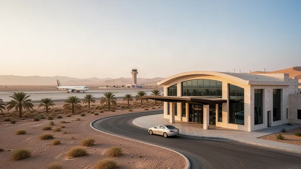 Modernes Wüstenflughafenterminal und Vorfahrspur am Flughafen As-Sulayyil in Saudi-Arabien im warmen Licht der goldenen Stunde