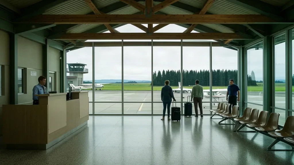 Interior compacto de la terminal del aeropuerto Salem-Willamette Valley McNary Field con grandes ventanales que dan a la plataforma