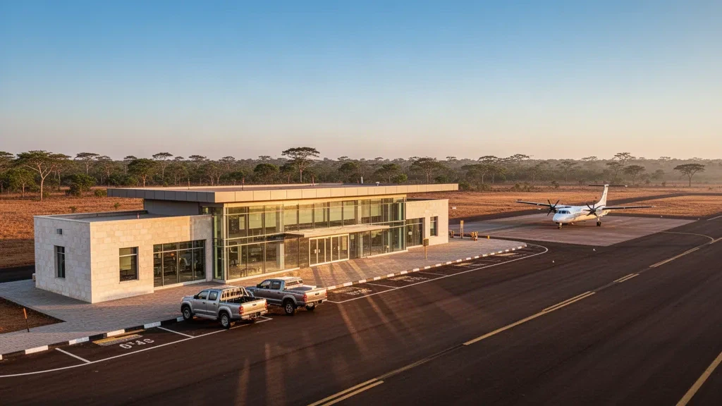 Terminal de una sola planta, plataforma y avión turbohélice estacionado en el aeropuerto de Solwezi, Zambia, bajo una cálida luz dorada del atardecer