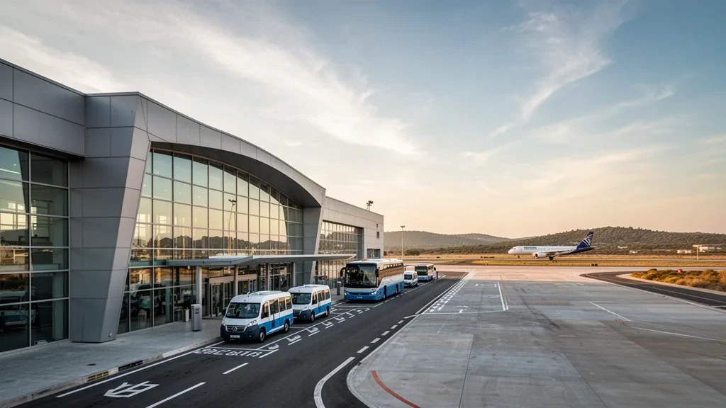 Extérieur moderne d'un terminal vitré et voie de dépose en bordure de trottoir à l'aéroport de Solomon dans une lumière dorée, avec un espace ouvert pour les habillages de voyage.