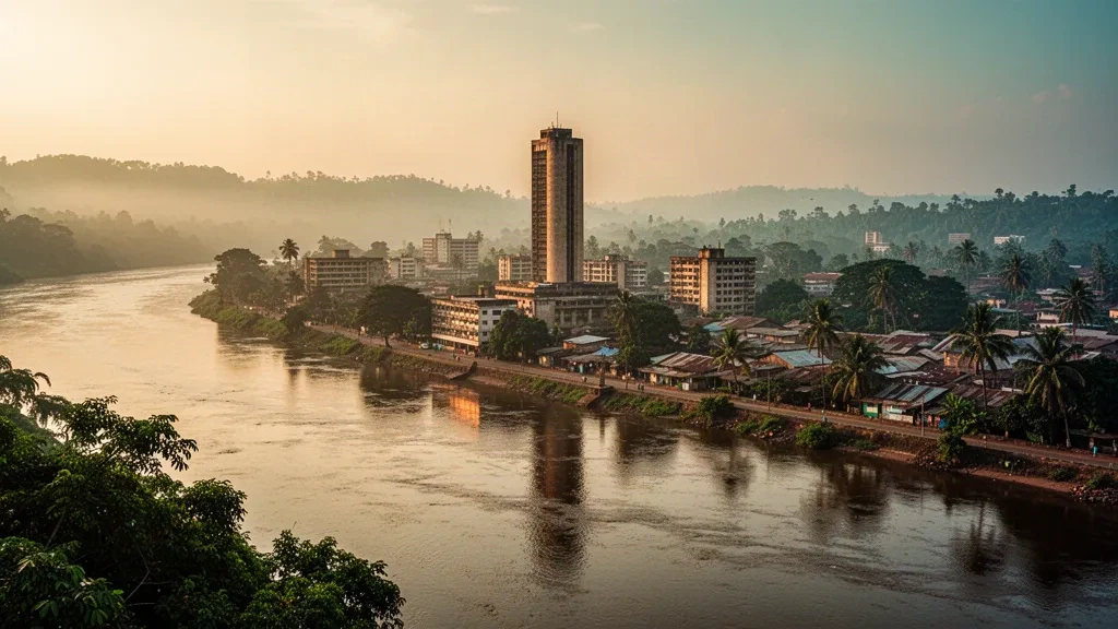 Brazzaville skyline along the Congo River at golden hour with the Nabemba Tower rising above the tropical riverside city