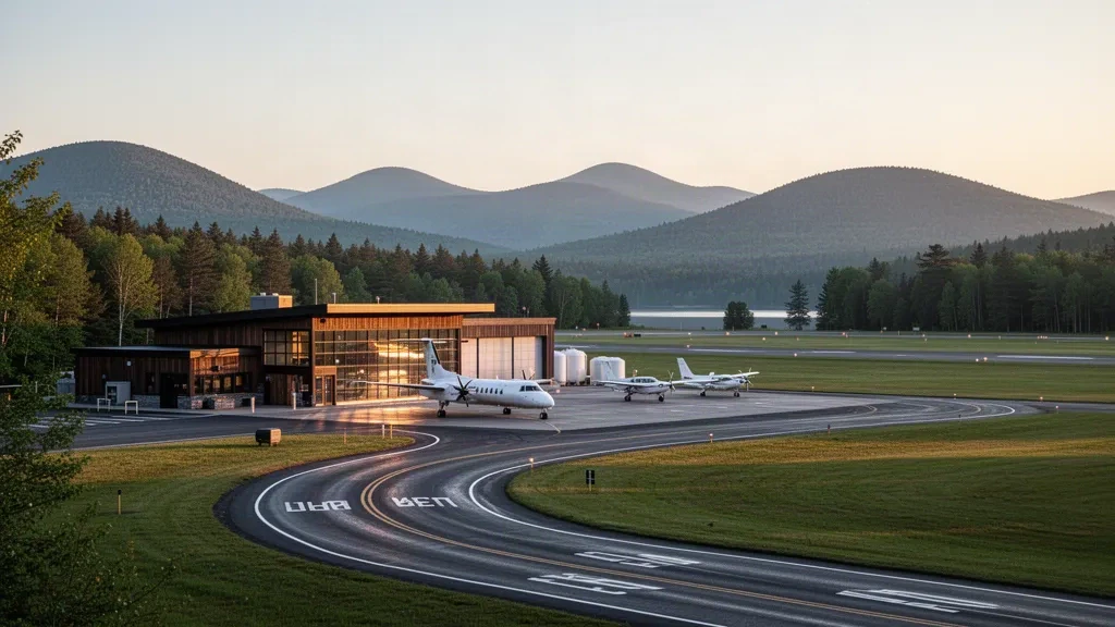 Terminal de l'aéroport régional d'Adirondack à Saranac Lake, New York, entouré de crêtes montagneuses boisées à l'heure dorée