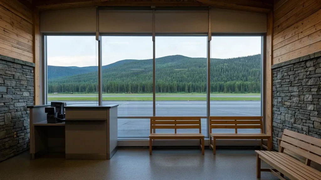 Intérieur du terminal de l'aéroport régional d'Adirondack près de Saranac Lake, New York, avec des bancs en bois et des vues sur les montagnes à travers de grandes fenêtres.