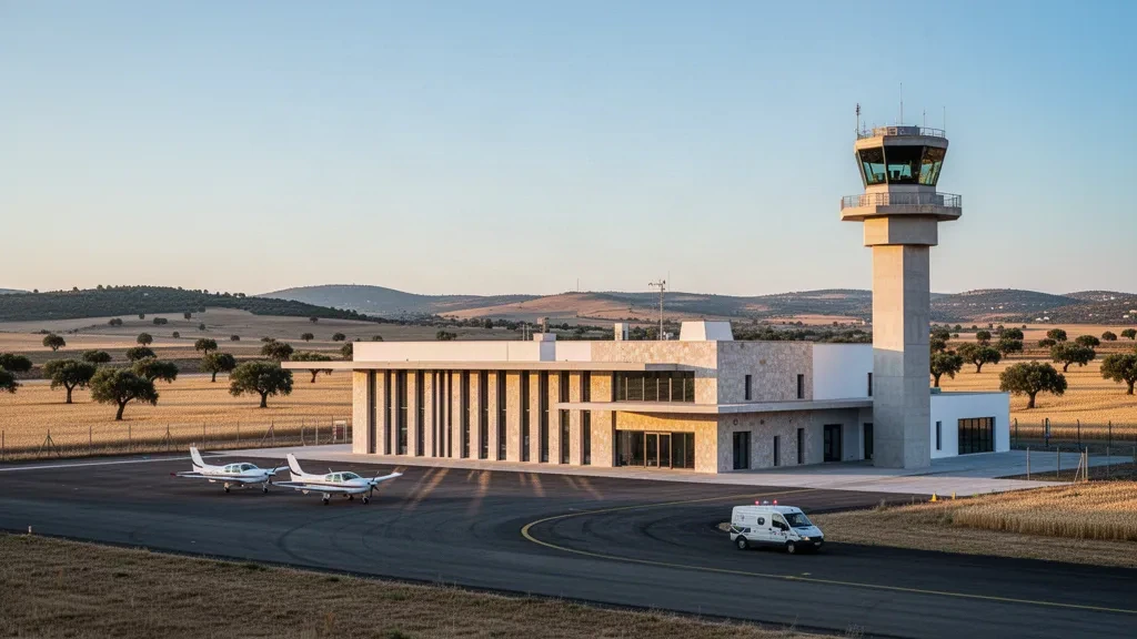 Niedriges modernes Terminalgebäude und Kontrollturm am Flughafen Salamanca in Kastilien und León, Spanien, beleuchtet von warmem Licht zur goldenen Stunde mit Leichtflugzeugen auf dem Vorfeld