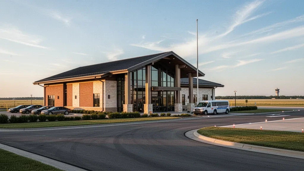 Kansas'taki Salina Regional Havalimanı'nda sıcak altın saat ışığı altında modern cam terminal girişi ve indirme şeridi