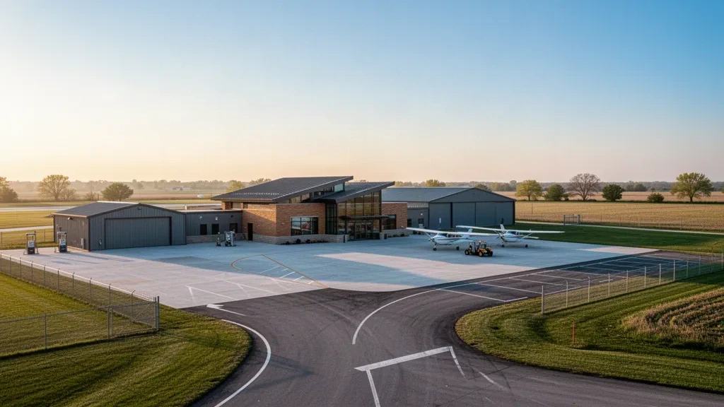Blick zur goldenen Stunde auf das kleine Terminal der allgemeinen Luftfahrt, Hangars und das Vorfeld für Leichtflugzeuge am Salem–Leckrone Airport in Illinois
