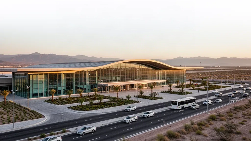 Extérieur moderne d'un terminal en verre et voie de dépose à l'aéroport international Ponciano Arriaga à San Luis Potosí à l'heure dorée