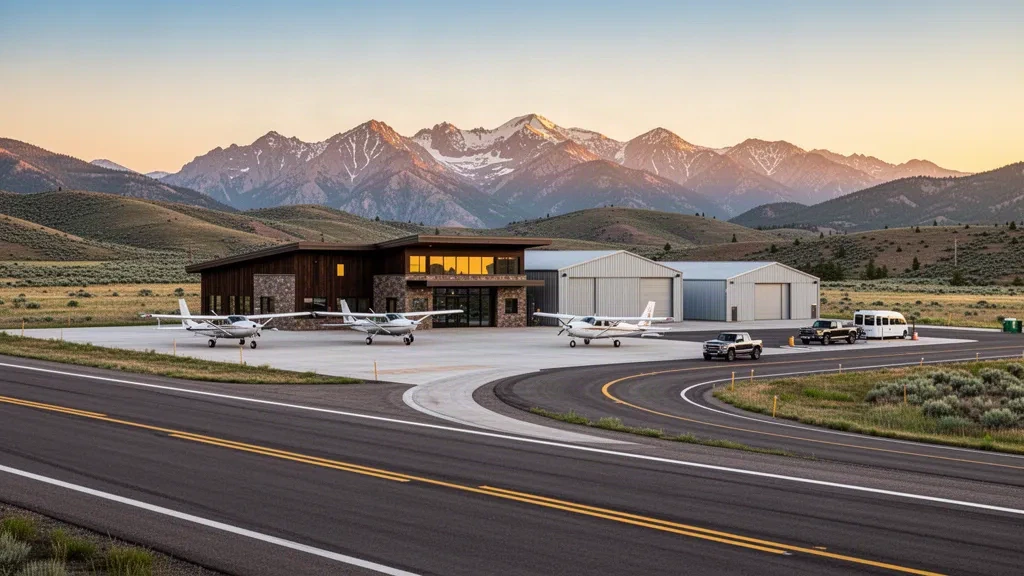 Small mountain airfield terminal, runway and hangars at Harriet Alexander Field near Salida, Colorado, backed by snow-dusted peaks