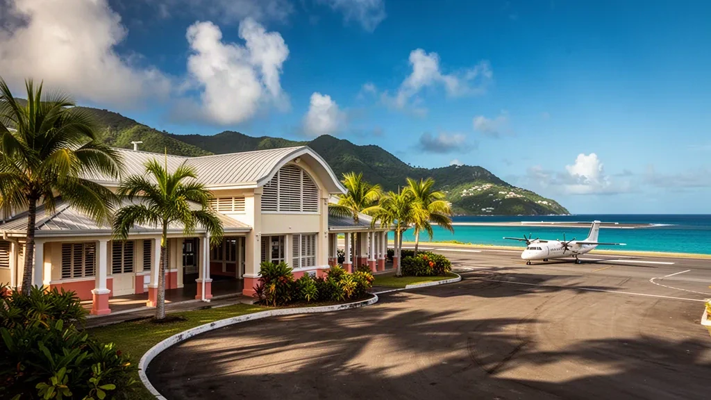 Tropical terminal and apron at George F. L. Charles Airport in Castries, Saint Lucia, framed by palms and the Caribbean Sea
