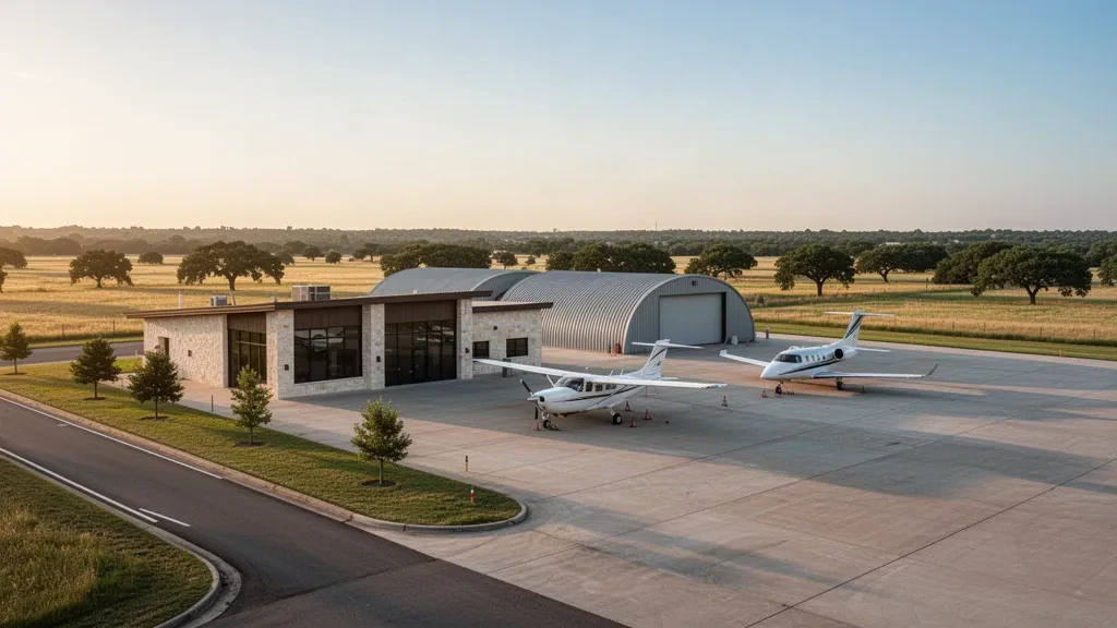Einstöckiges Terminal, Hangars und abgestellte Leichtflugzeuge auf dem Vorfeld des Flughafens Sulphur Springs Municipal in Texas zur goldenen Stunde