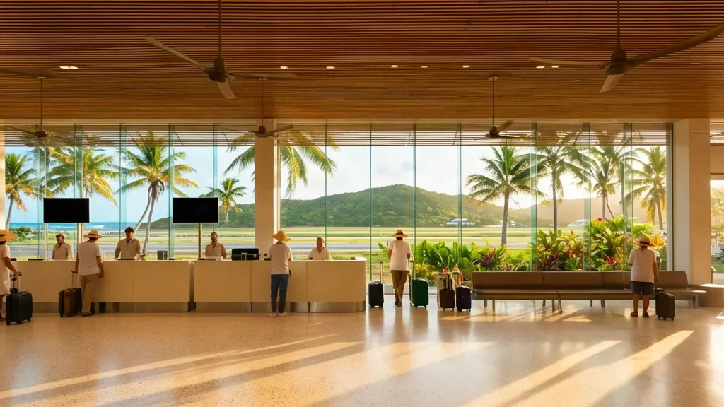 Interior de la terminal del aeropuerto George F. L. Charles en Castries, Santa Lucía, donde se ve la zona de facturación y pasajeros en espera